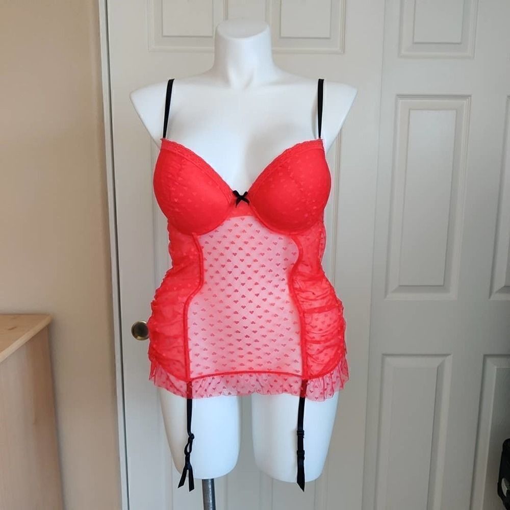 Jezebel heart sheer stretch mesh lingerie with garter straps L